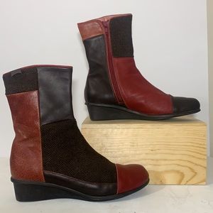 Vintage Camper Red Leather Mismatch Twin Wedge Heel Booties